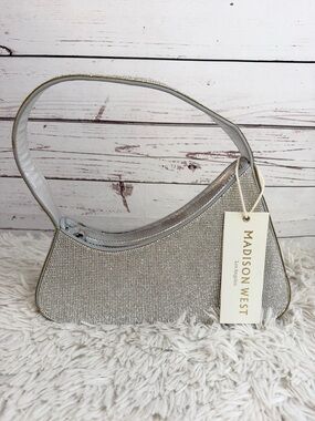 Madison West Metallic Silver Crystal-Rhinestone Embellished Shoulder Bag